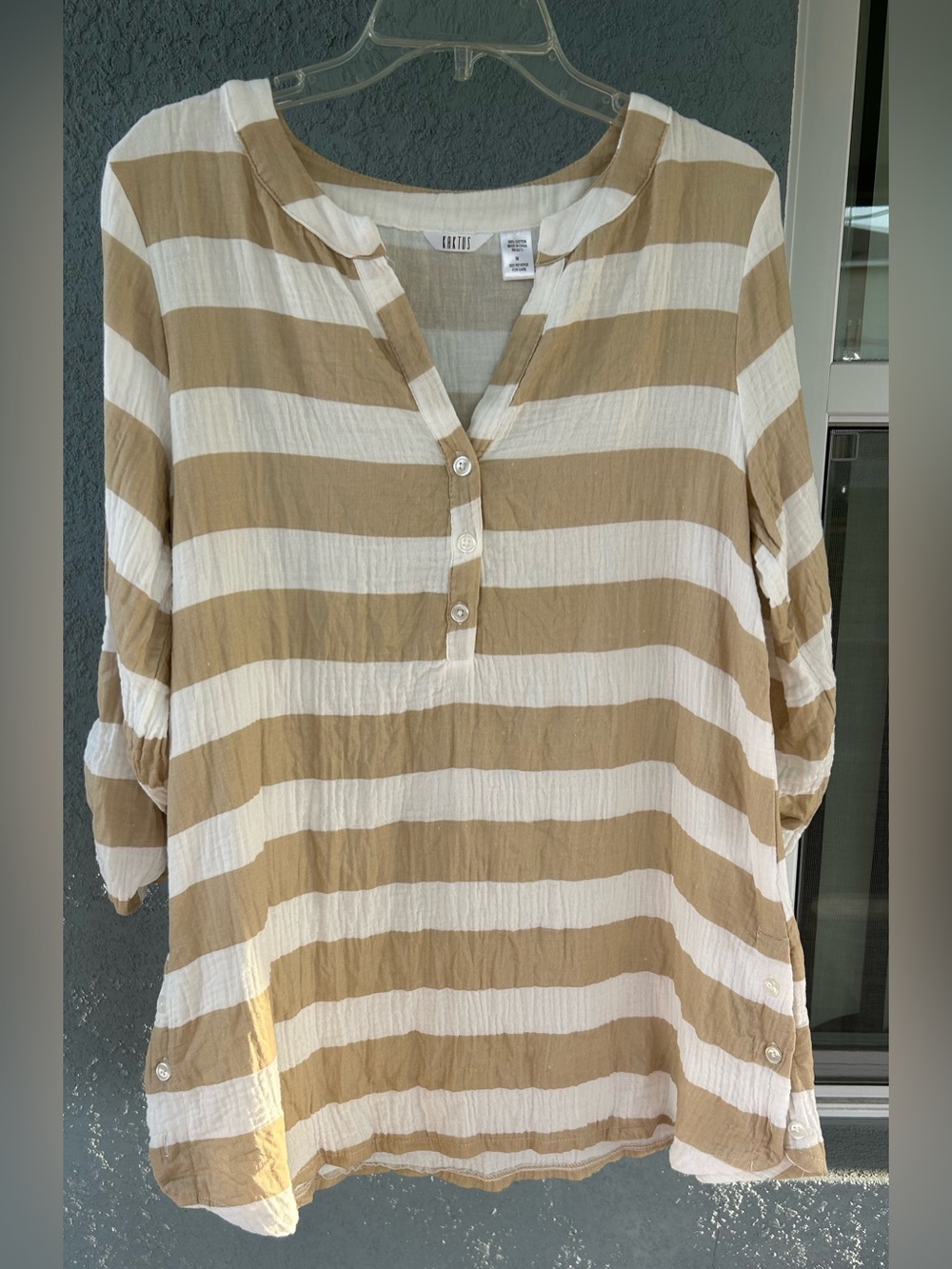 Kaktus Women's Stripped Roll Tab Sleeves  Beachy Coastal Tunic Top Size M